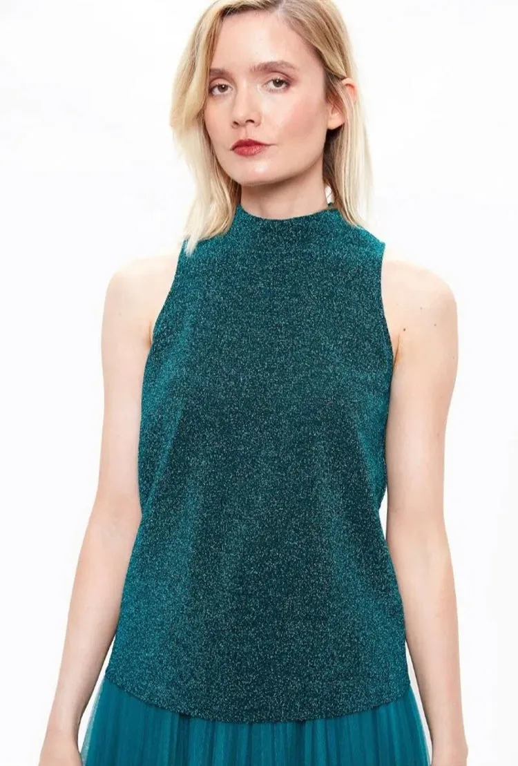 Louche Krista Turtle Neck Lurex Sleeveless Top Petrol