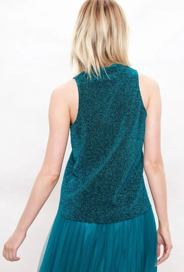 Louche Krista Turtle Neck Lurex Sleeveless Top Petrol