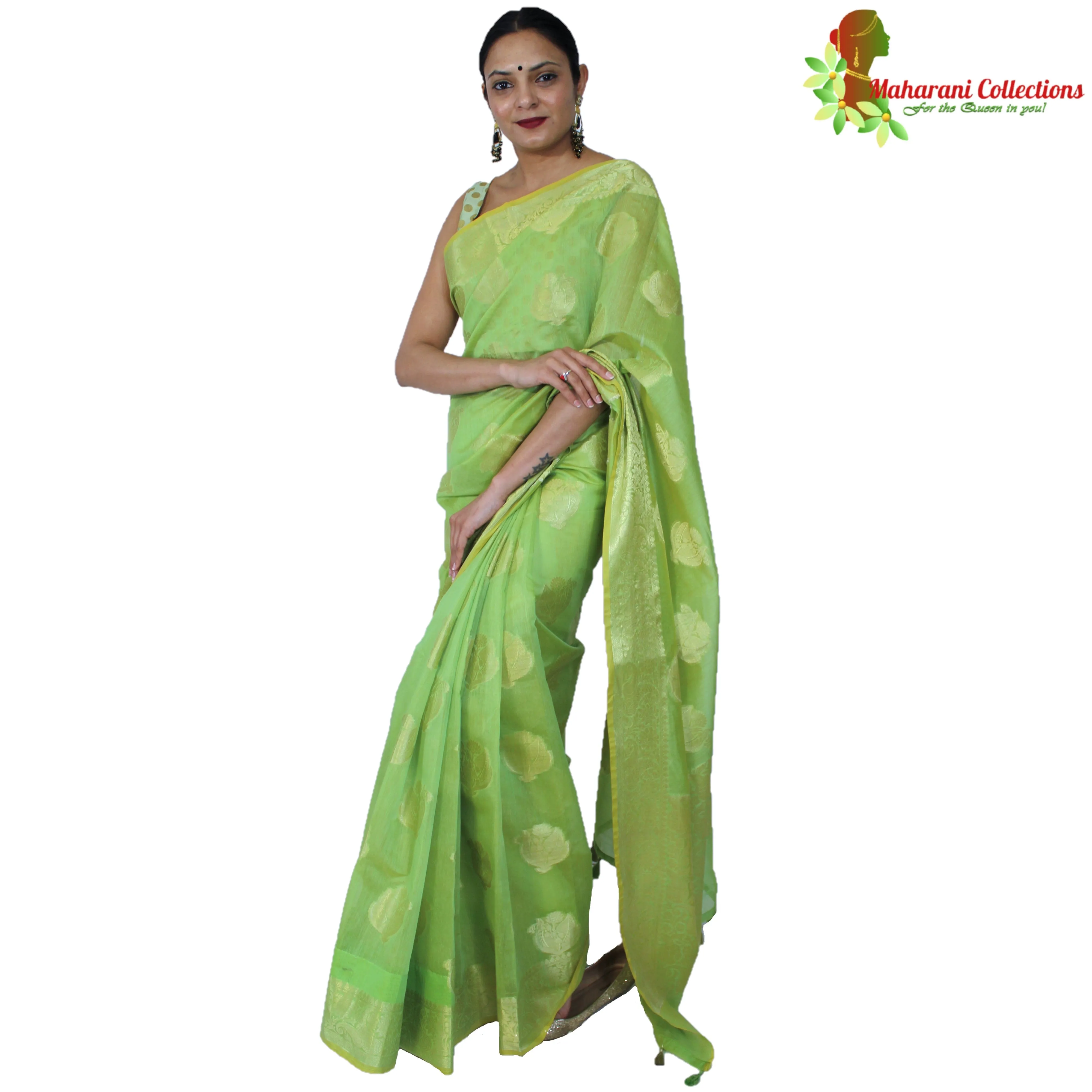 Maharani's Pure Banarasi Silk Saree - Asparagus Green (with Stitched Blouse and Petticoat)