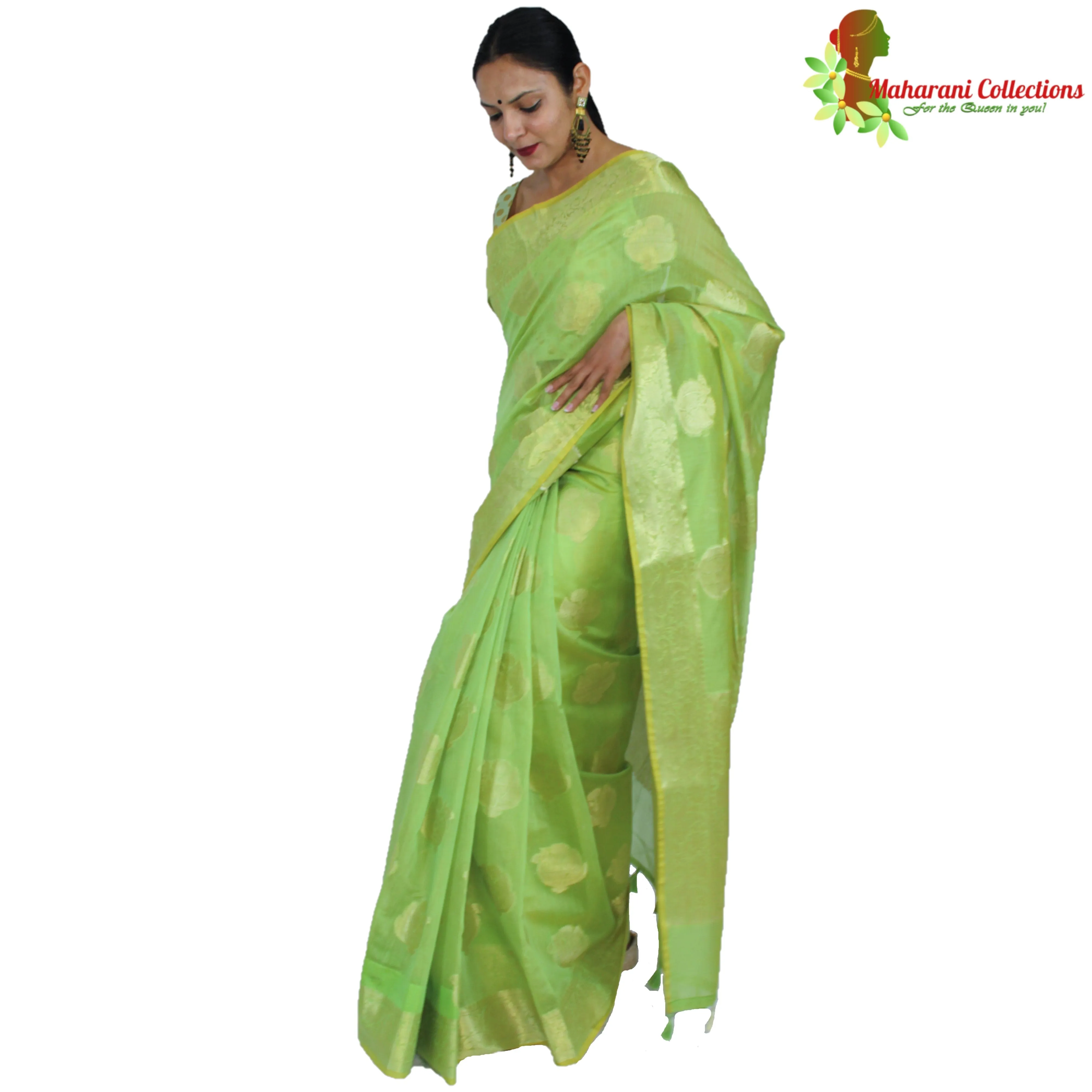Maharani's Pure Banarasi Silk Saree - Asparagus Green (with Stitched Blouse and Petticoat)