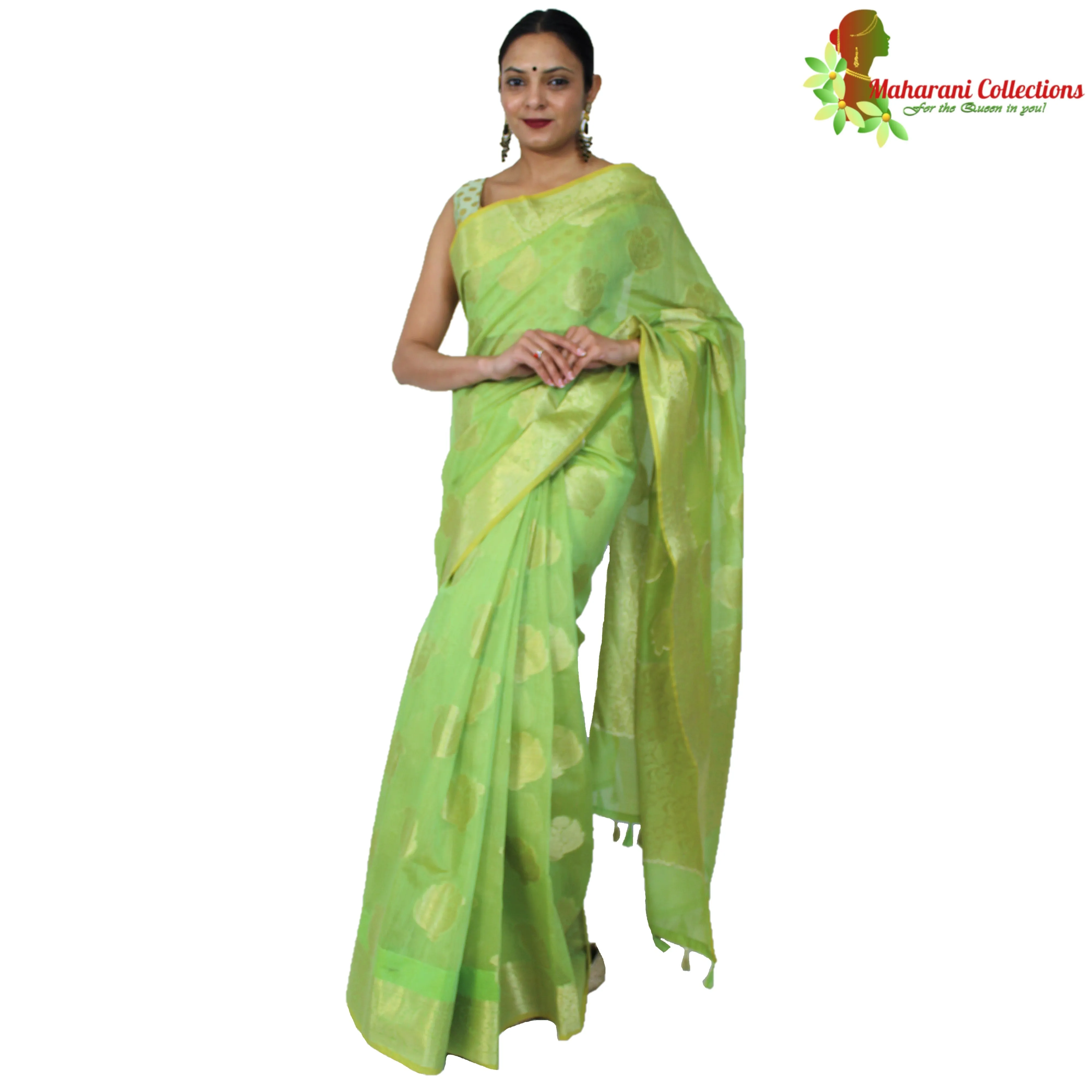Maharani's Pure Banarasi Silk Saree - Asparagus Green (with Stitched Blouse and Petticoat)