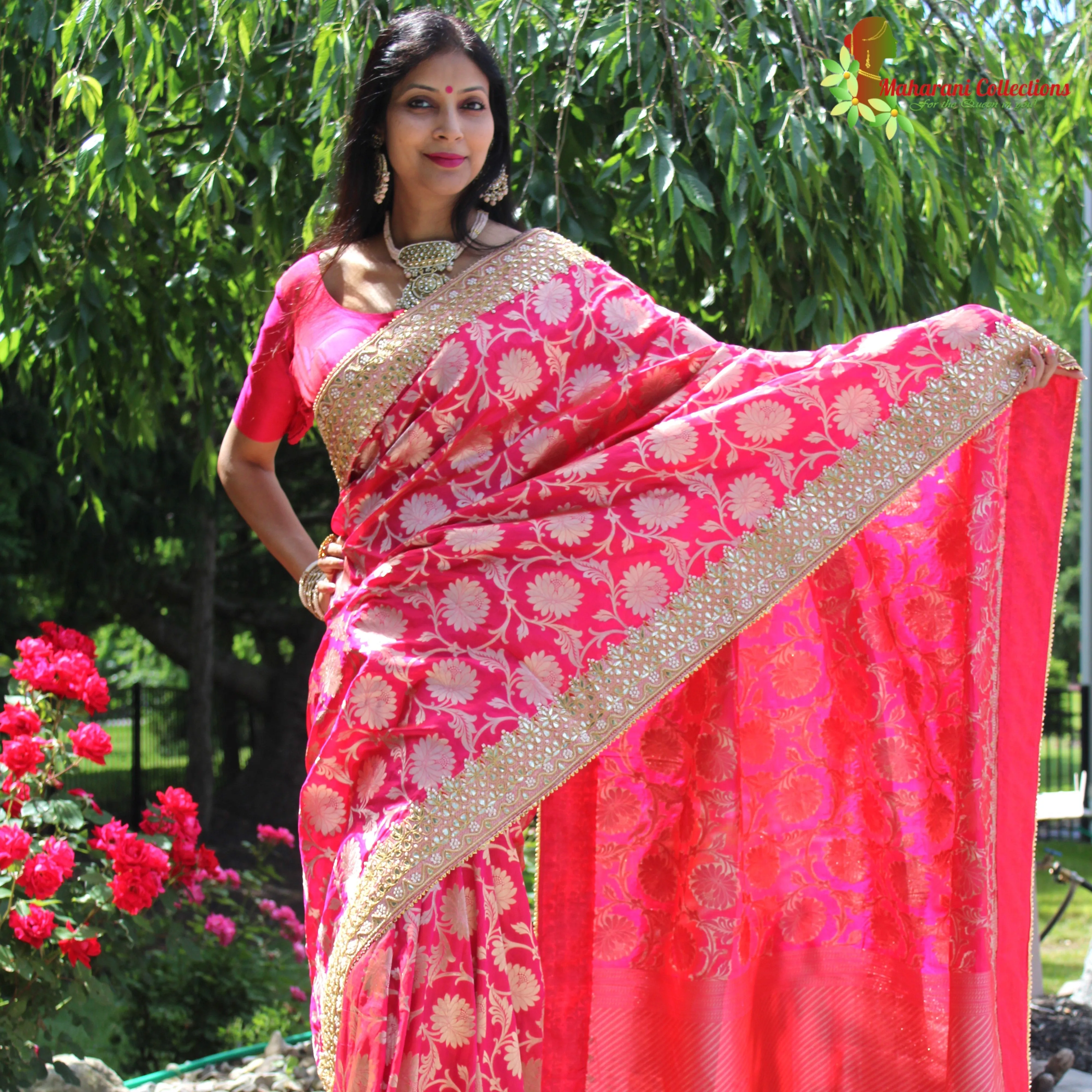 Maharani's Pure Banarasi Silk Saree - Bridal Red (with Stitched Blouse and Petticoat)