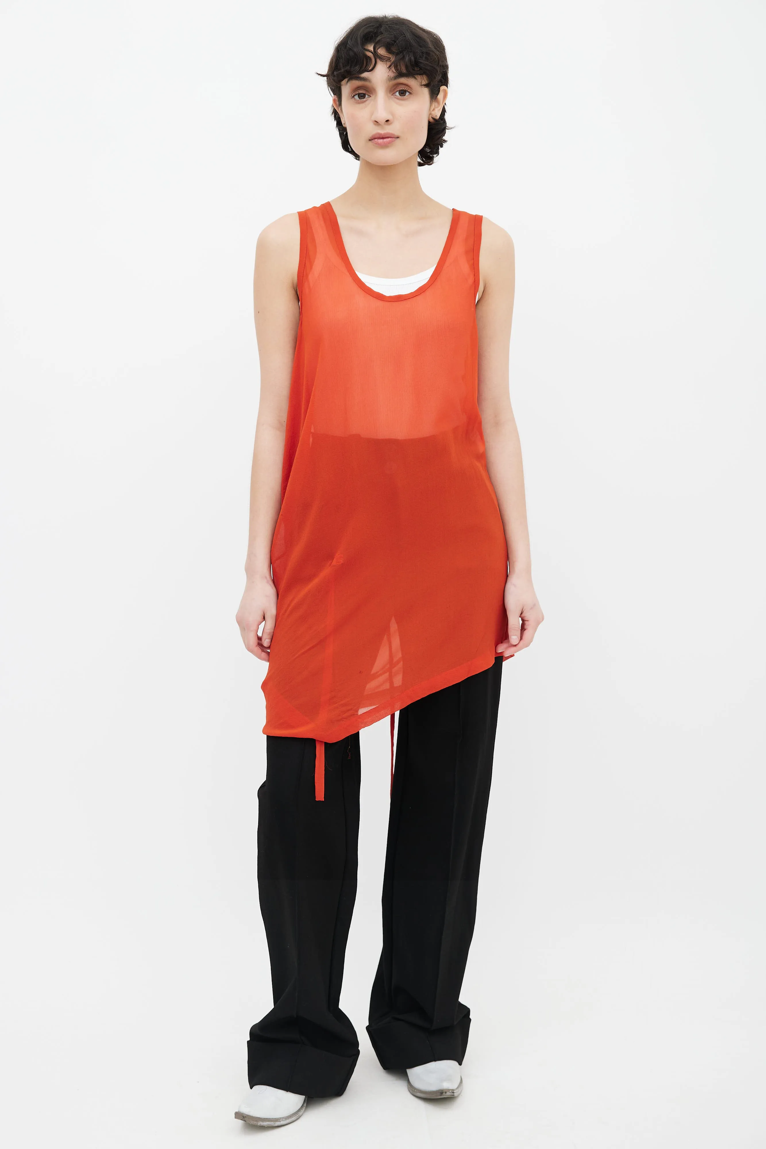 Orange Sheer Asymmetrical Sleeveless Tunic