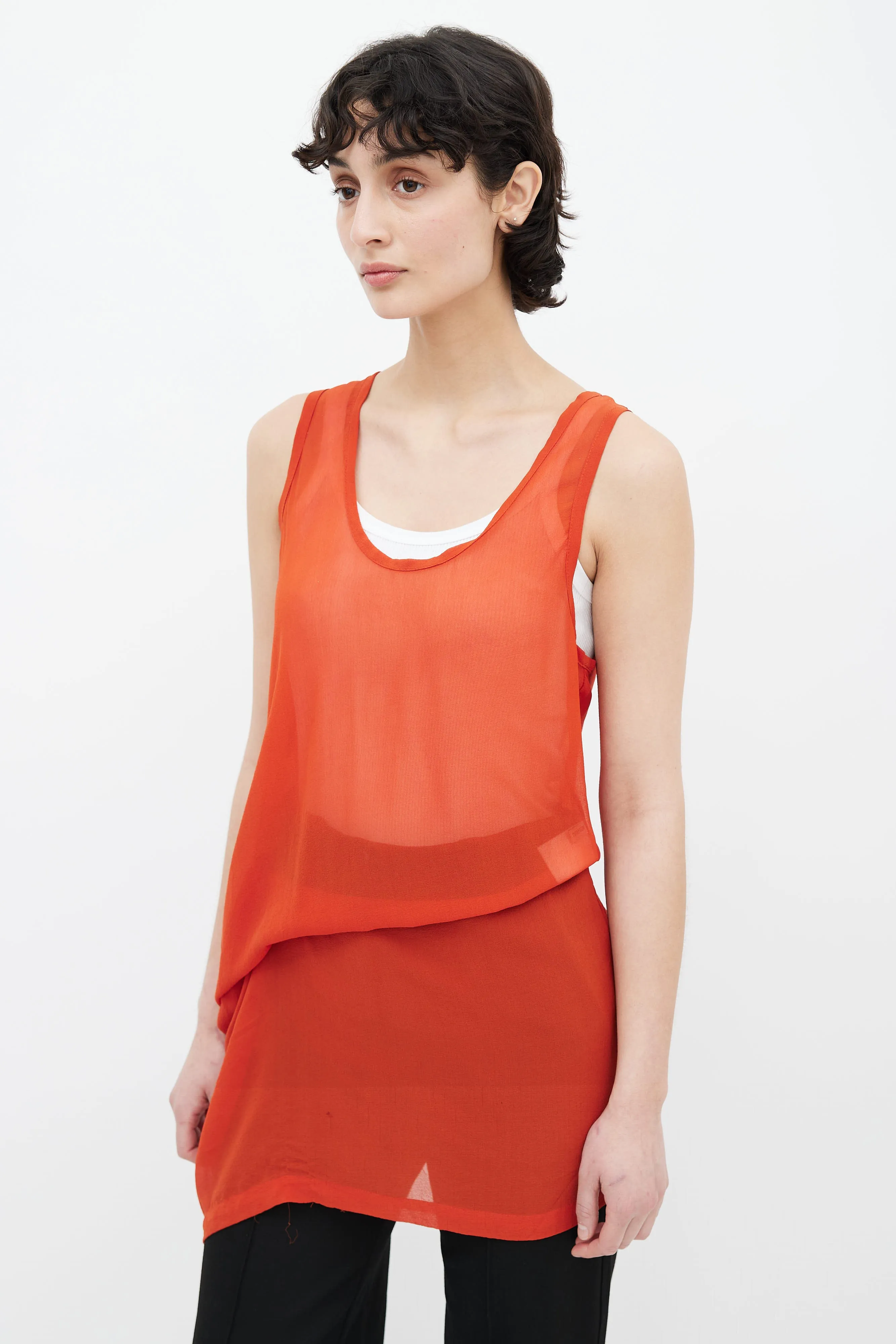 Orange Sheer Asymmetrical Sleeveless Tunic