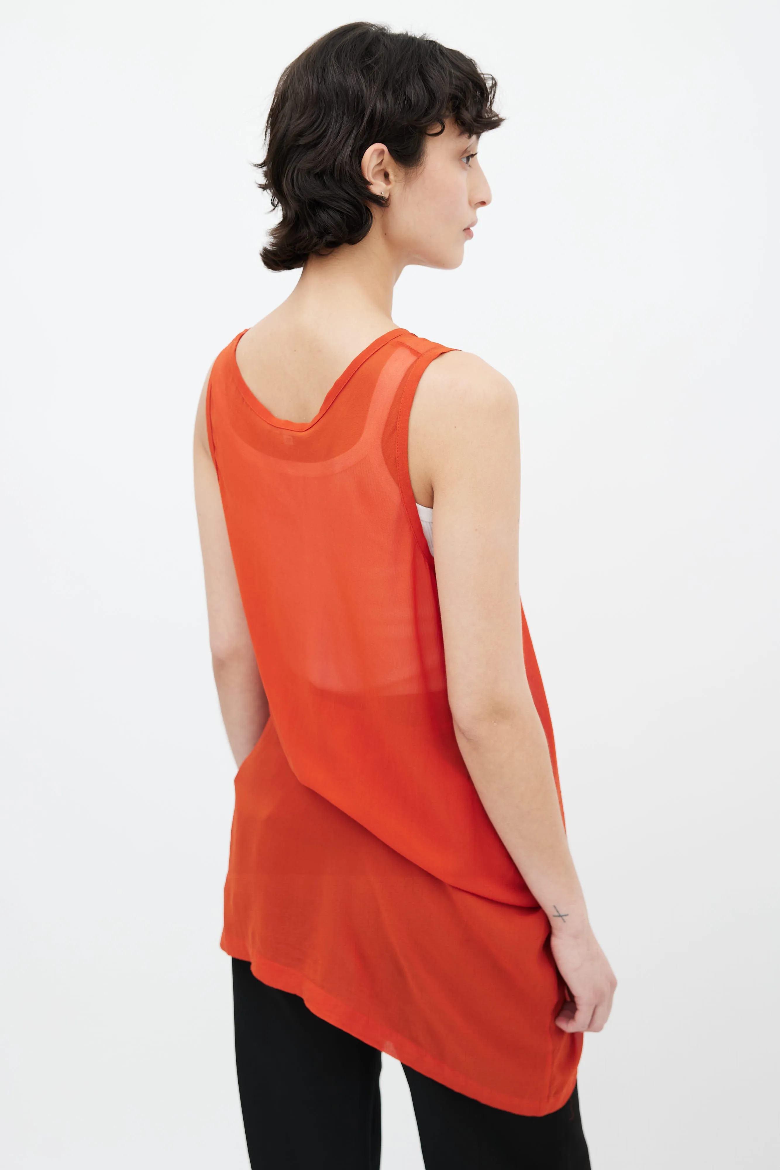 Orange Sheer Asymmetrical Sleeveless Tunic
