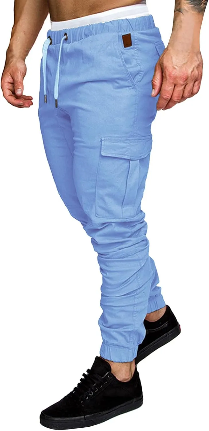 QWENTMTNTY Mens Cargo Pants Casual Elastic Waist Slim Fit Workout Joggers Big Tall Outdoor Hiking Cotton Sweatpants Pockets