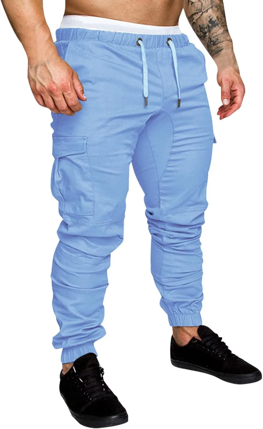 QWENTMTNTY Mens Cargo Pants Casual Elastic Waist Slim Fit Workout Joggers Big Tall Outdoor Hiking Cotton Sweatpants Pockets