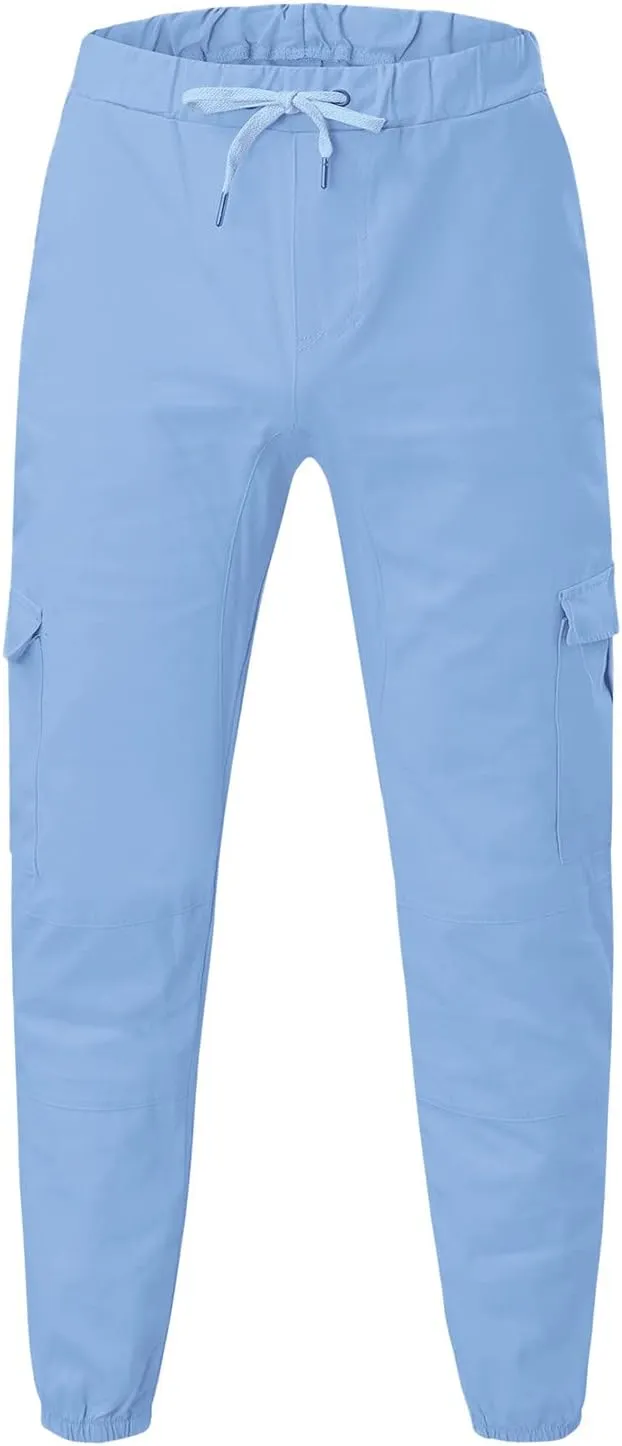 QWENTMTNTY Mens Cargo Pants Casual Elastic Waist Slim Fit Workout Joggers Big Tall Outdoor Hiking Cotton Sweatpants Pockets