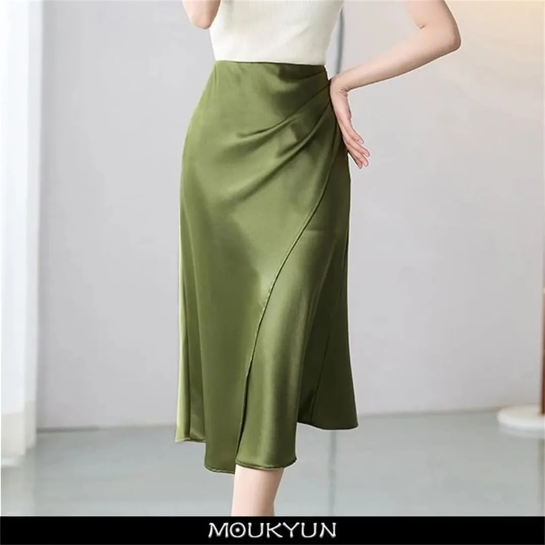 Satin Silk Skirts for Women Summer Balck Midi A-Line Long Skirt EN8 High Waist Skirts