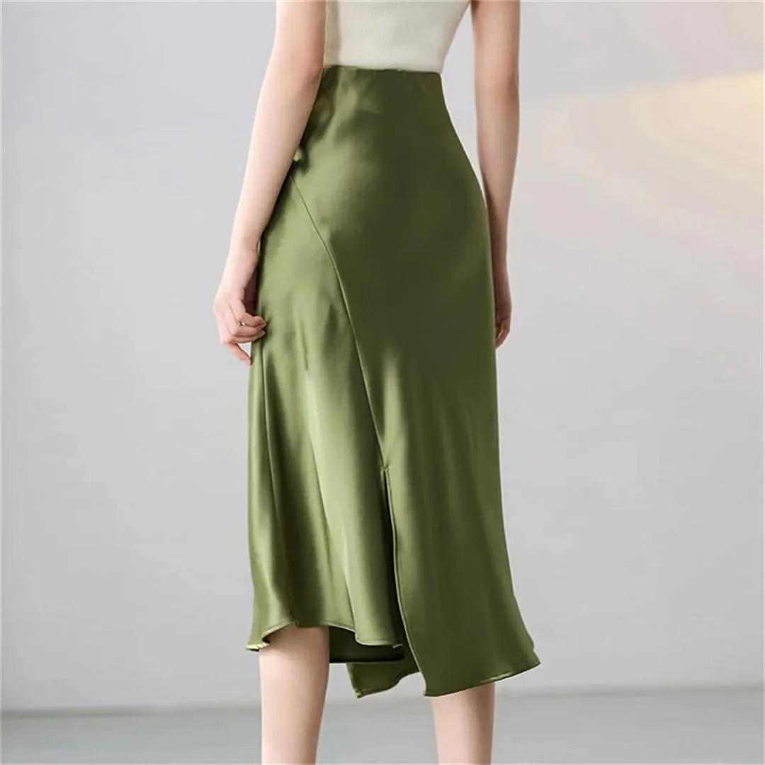 Satin Silk Skirts for Women Summer Balck Midi A-Line Long Skirt EN8 High Waist Skirts
