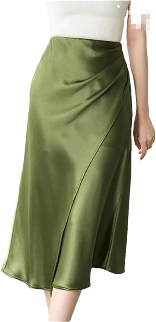 Satin Silk Skirts for Women Summer Balck Midi A-Line Long Skirt EN8 High Waist Skirts