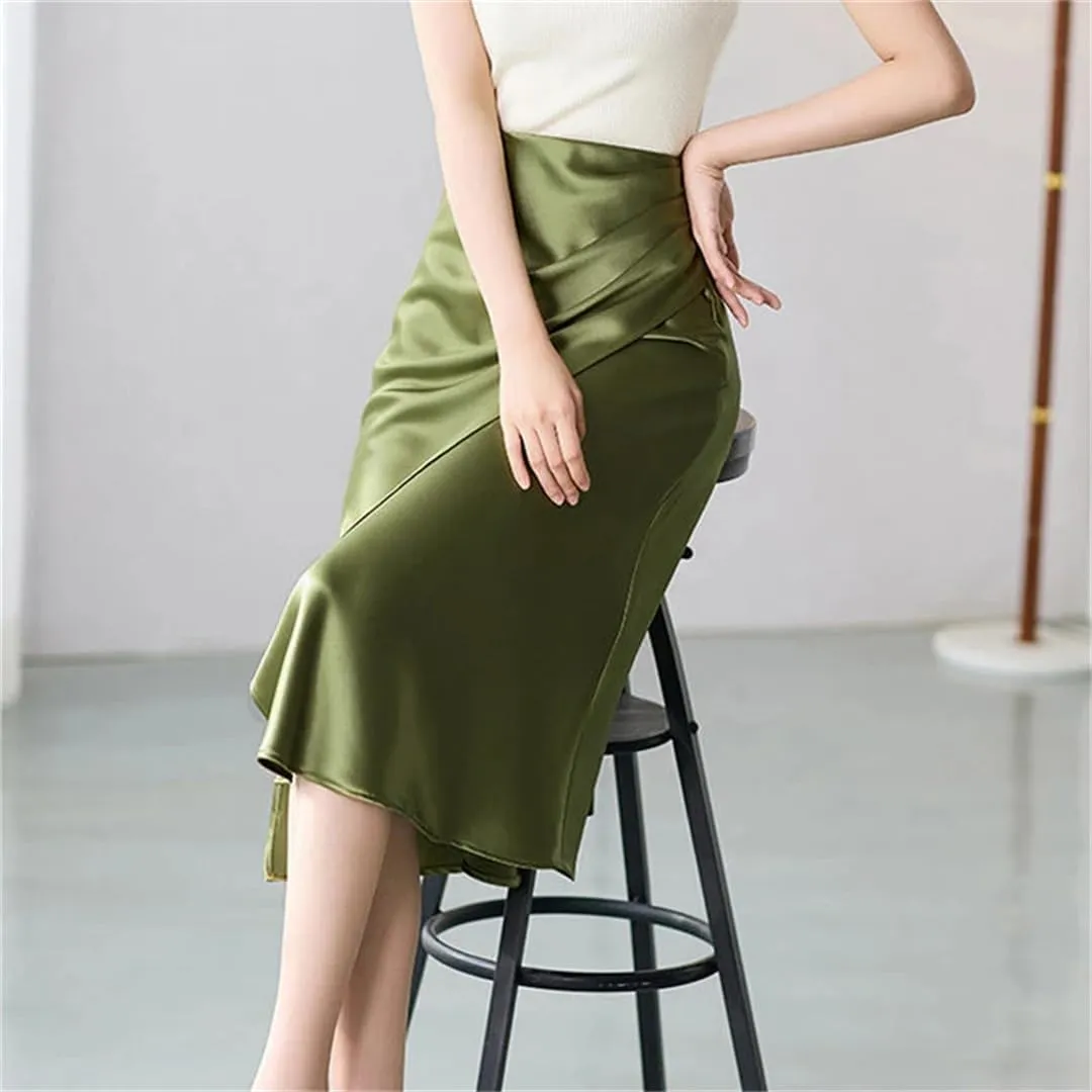 Satin Silk Skirts for Women Summer Balck Midi A-Line Long Skirt EN8 High Waist Skirts