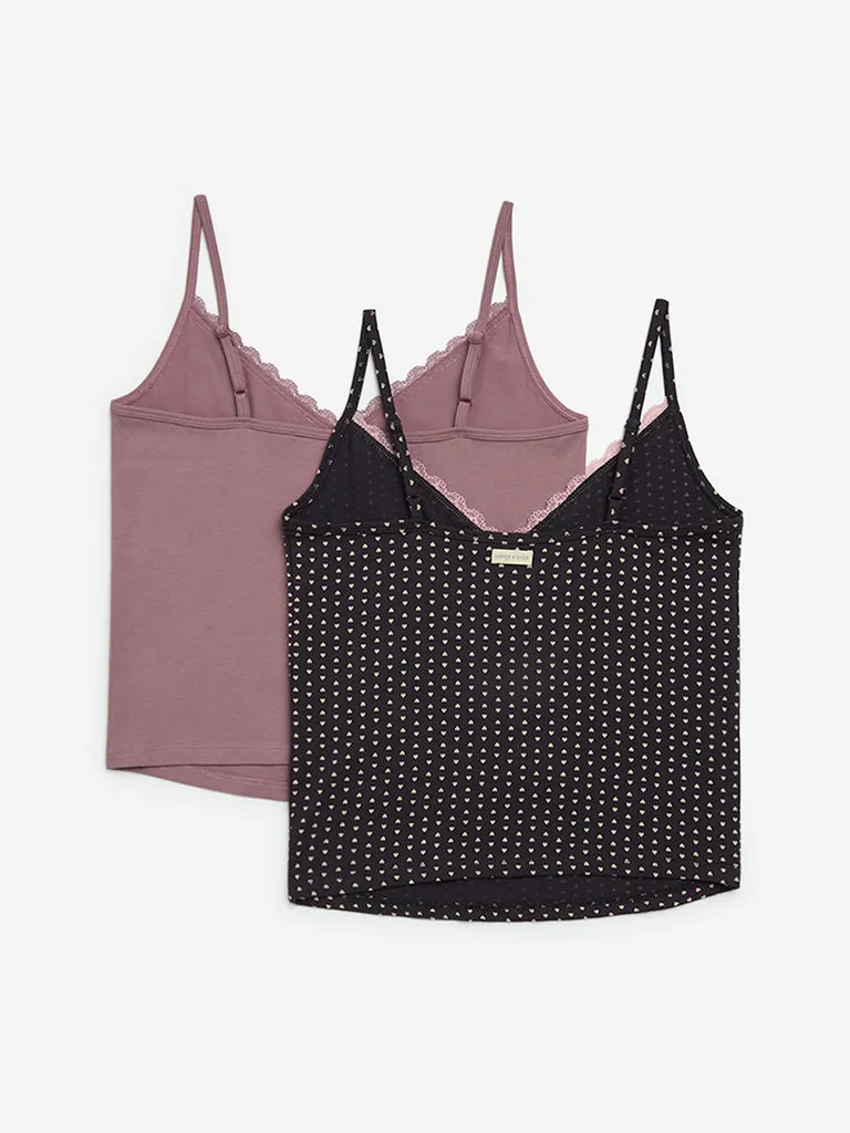 Superstar Mauve Printed Cotton-Blend Camisoles- Pack of 2