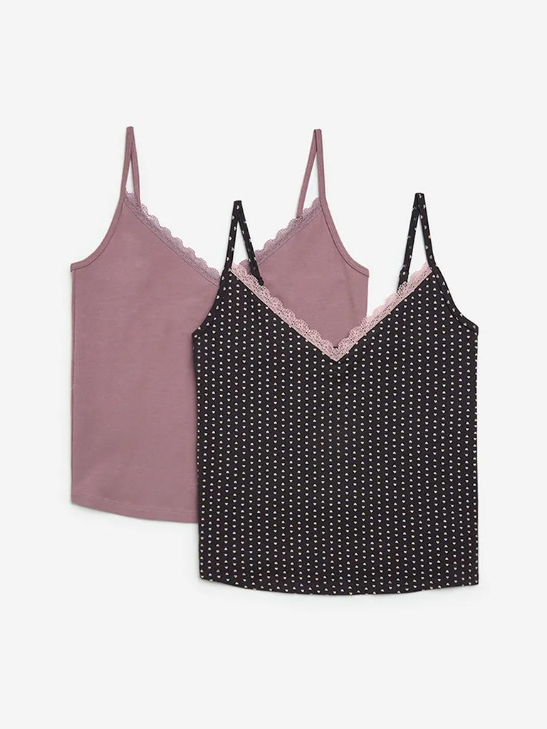 Superstar Mauve Printed Cotton-Blend Camisoles- Pack of 2