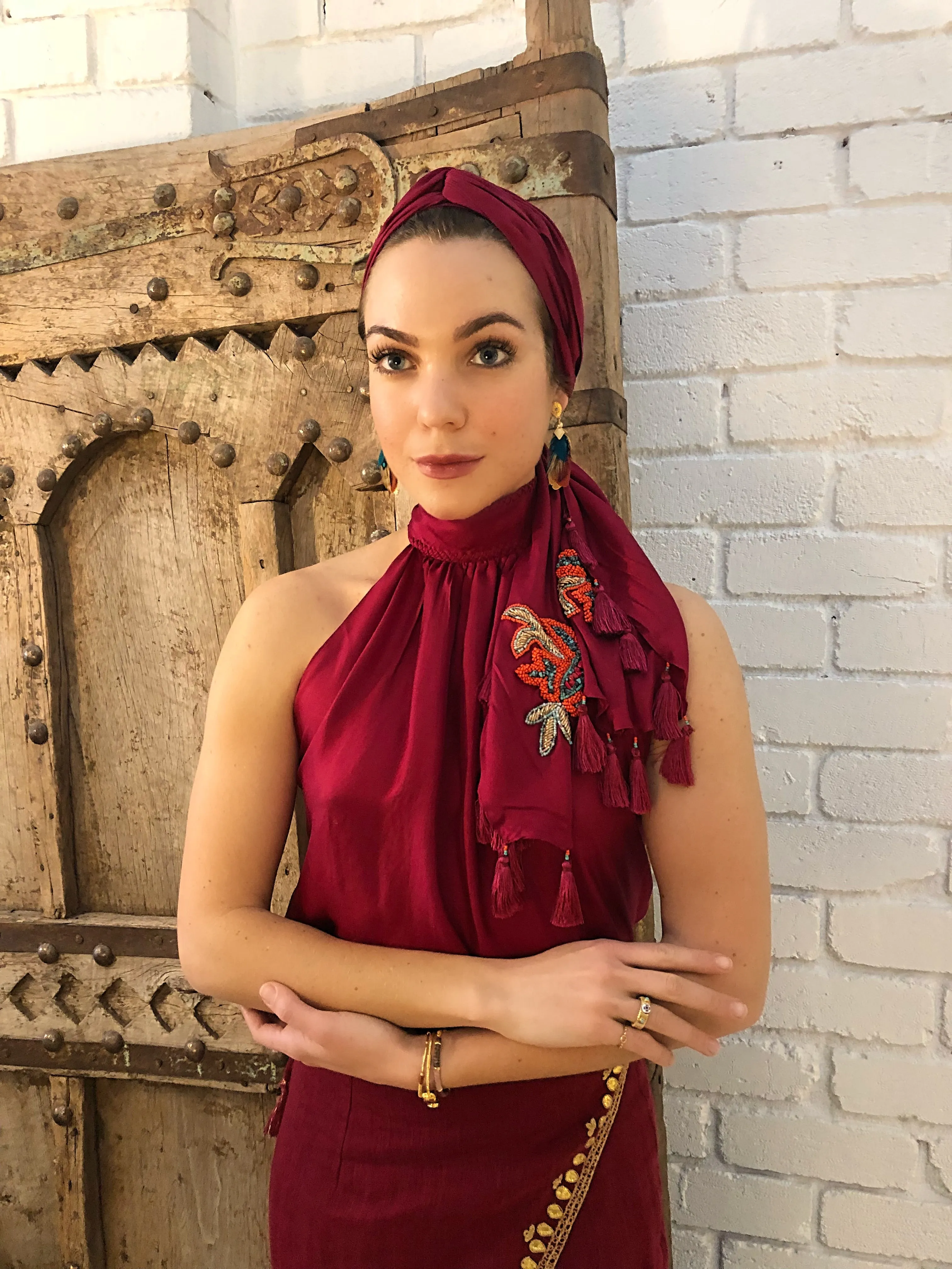 twill silk scarf-ruby red