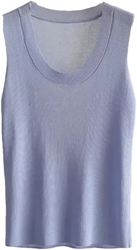 Women Solid Color Knit Tank Top U-Neck Sleeveless Thin Slim Knit Camisoles Office Tops